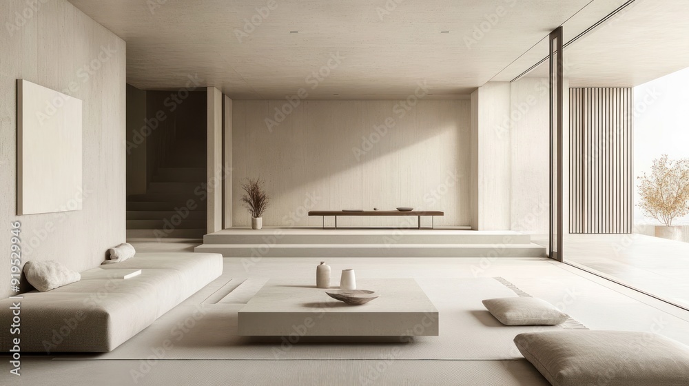 Minimalist Living Room with Beige Tones and Large Windows Minimalist Living Room with Beige Tones and Large Windows