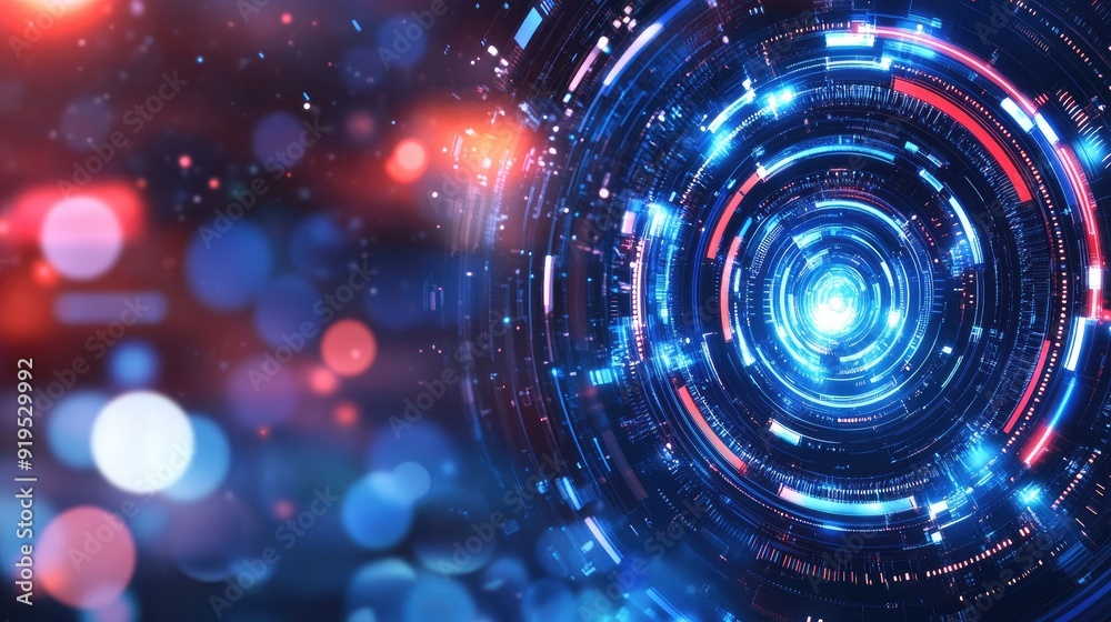 Fototapeta premium Futuristic digital technology abstract background with glowing blue and red circular shapes and bokeh effects.