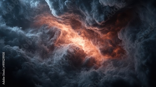 Intense display of dark, stormy cloud formations with a fiery glow breaking through, symbolizing the raw power and unpredictability of nature, contrasting light and dark.