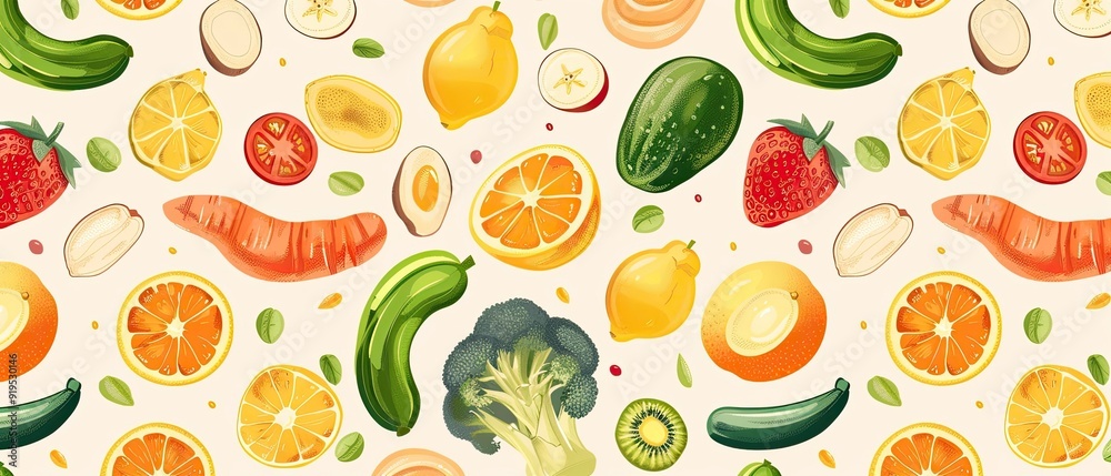Seamless pattern of colorful fruits and vegetables on light background, featuring oranges, lemons, cucumbers, strawberries and more. Seamless pattern of colorful fruits and vegetables on light background, featuring oranges, lemons, cucumbers, strawberries and more.