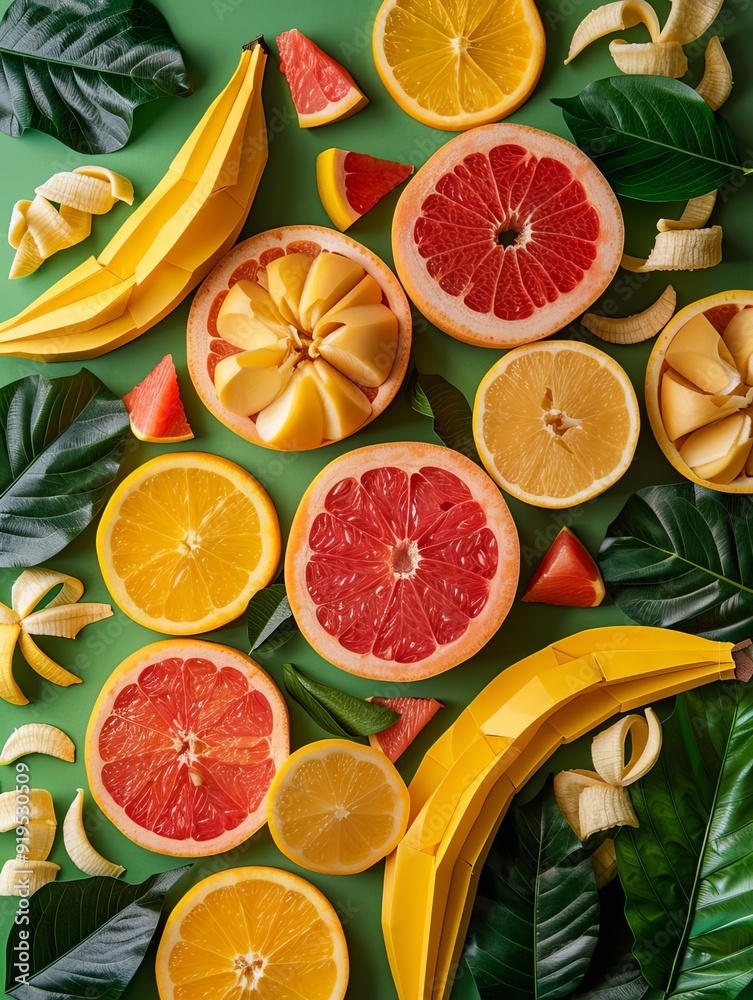 A vibrant flat lay of fresh tropical fruits including bananas, grapefruits, oranges, and leafy greens on a green background. A vibrant flat lay of fresh tropical fruits including bananas, grapefruits, oranges, and leafy greens on a green background.