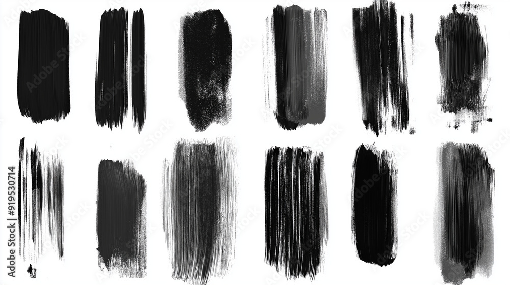 A collection of rectangular brush strokes, each with varying degrees of thickness and texture. They are predominantly black and are presented in a grid format A collection of rectangular brush strokes, each with varying degrees of thickness and texture. They are predominantly black and are presented in a grid format