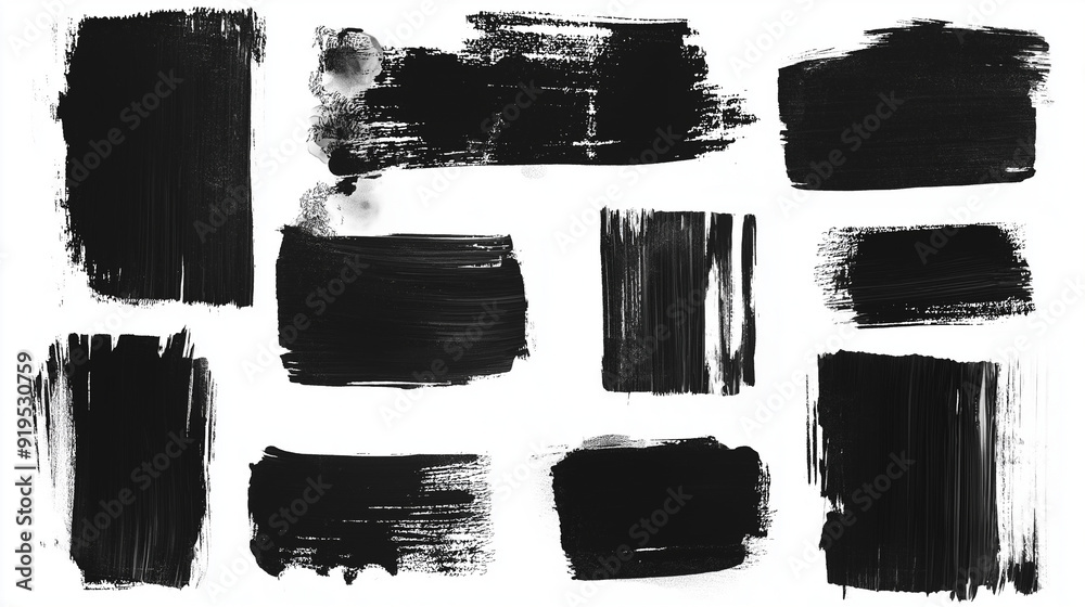 A collection of rectangular brush strokes, each with varying degrees of thickness and texture. They are predominantly black and are presented in a grid format