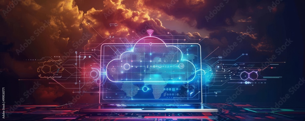 Obraz premium Futuristic digital cloud technology concept with interconnected data network and world map on a vibrant background.