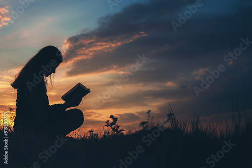 Silhouette of woman ready bible in evening day. worship background for chuch media