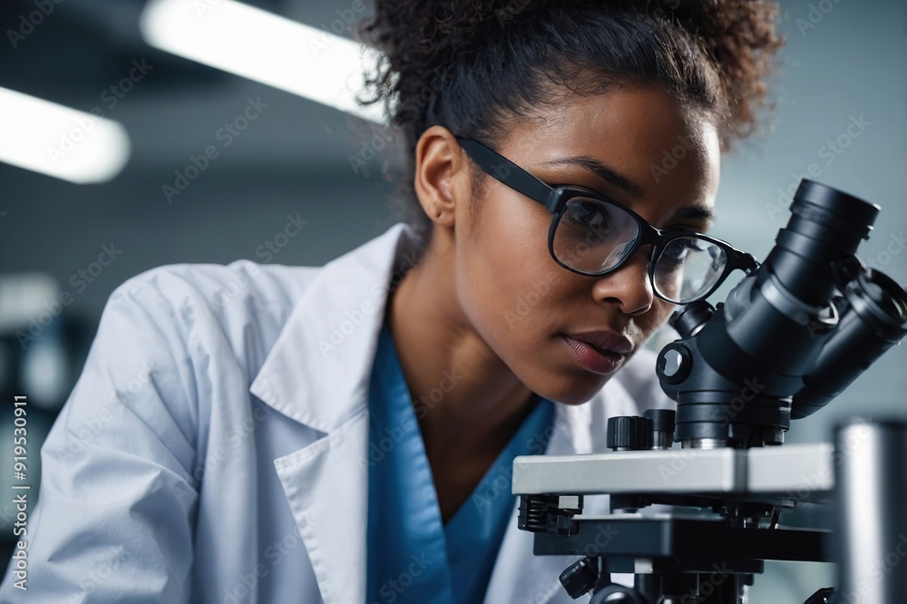 Medical Science Laboratory Portrait of Beautiful Black Scientist Looking Under Microscope Does Analysis of Test Sample. Ambitious Young Biotechnology Specialist, working with Advanced Equipment Medical Science Laboratory Portrait of Beautiful Black Scientist Looking Under Microscope Does Analysis of Test Sample. Ambitious Young Biotechnology Specialist, working with Advanced Equipment