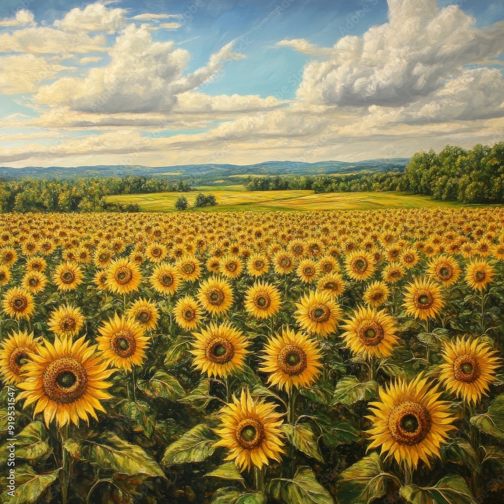 Obraz premium A bright sunflower field basking under the clear blue sky. 