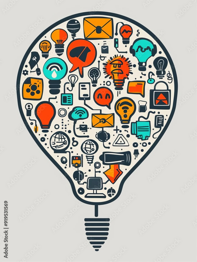 Innovative light bulb illustration filled with technology and business icons representing creativity and ideas. Innovative light bulb illustration filled with technology and business icons representing creativity and ideas.