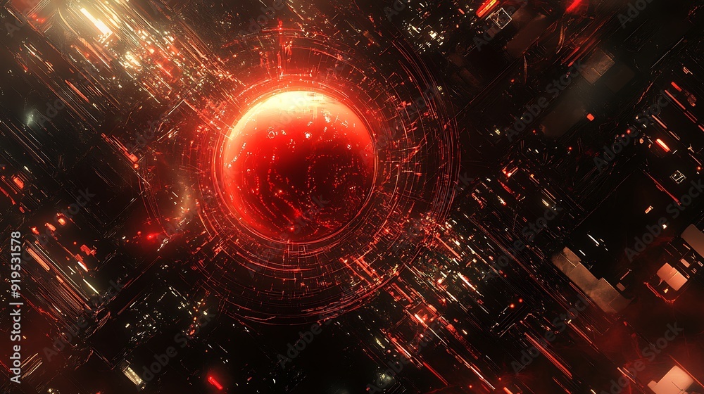 Obraz premium Red glowing sphere surrounded by abstract red lines and shapes