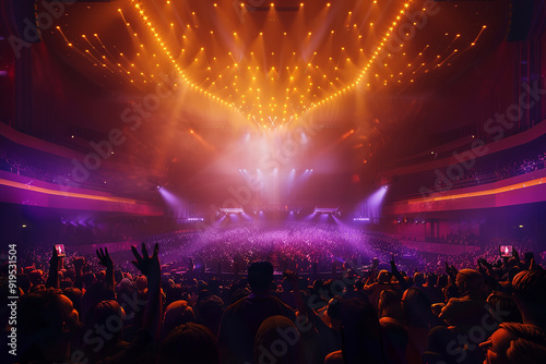 People at a nightclub. Silhouette Crowded People in Concert Hall, fans dancing and cheering. People dancing at the party with hands up. Nightlife and disco concept.