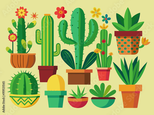 Cactuses. Desert plant, Mexican cacti flower, aloe, succulent. Cartoon decorative gardening cactus, home plants, summer Mexico nature plants. Vector flat set
