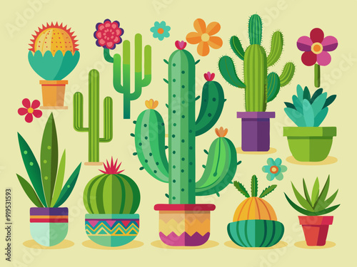 Cactuses. Desert plant, Mexican cacti flower, aloe, succulent. Cartoon decorative gardening cactus, home plants, summer Mexico nature plants. Vector flat set
