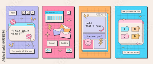 4 trendy colorful posters in retro old UI computer style. 80s and 90s esthetics. Purple, pink, yellow, blue colors. Funny y2k stickers.