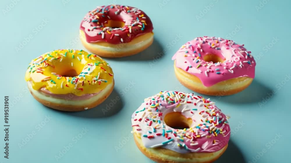 Four vibrant donuts with pink, yellow, and white icing topped with sprinkles are arranged closely on a light blue surface. Four vibrant donuts with pink, yellow, and white icing topped with sprinkles are arranged closely on a light blue surface.