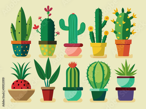 Cactuses. Desert plant, Mexican cacti flower, aloe, succulent. Cartoon decorative gardening cactus, home plants, summer Mexico nature plants. Vector flat set
