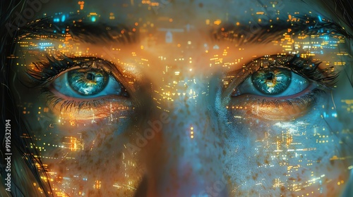Close-up of blue eyes with city lights reflections, representing technology and connection in the modern world.