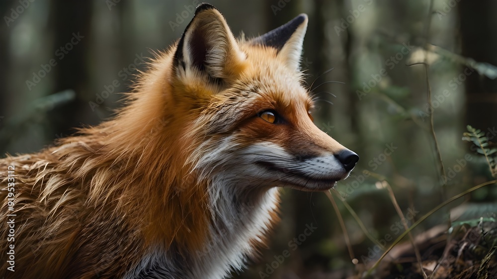 Fototapeta premium a fox close up sideview in the forest isolated 