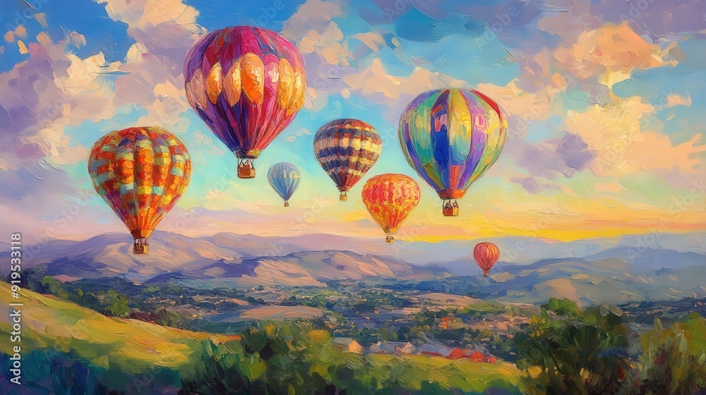 Obraz premium Whimsical scene of a hot air balloon festival at sunrise, colorful balloons floating above a scenic landscape, vibrant and joyful atmosphere, celebration of adventure and exploration, artistic represe