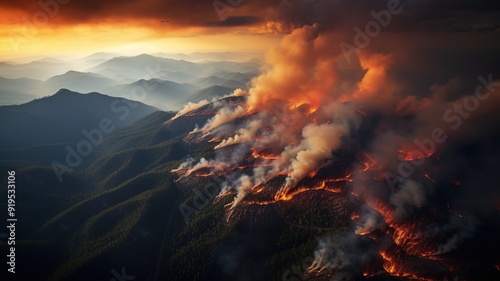 An aerial view of a large forest fire spreading across a mountain range, with vivid orange and red flames contrasting against the dark, smoky clouds and rugged mountain terrain.