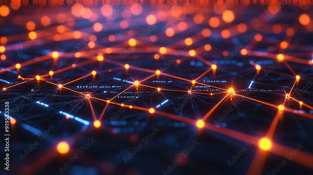 Glowing network of nodes connected by lines of light, depicting data flow. Glowing network of nodes connected by lines of light, depicting data flow.