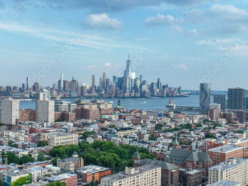 Photography Aerial View of Hoboken downtown and Manhattan Skyline on the background