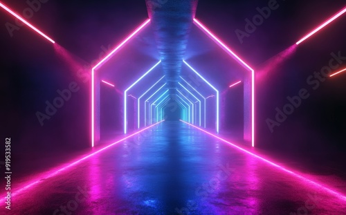 This 3D render features pink and blue neon lines, geometric shapes, a virtual reality environment, ultraviolet light and an 80's style retro disco backdrop.