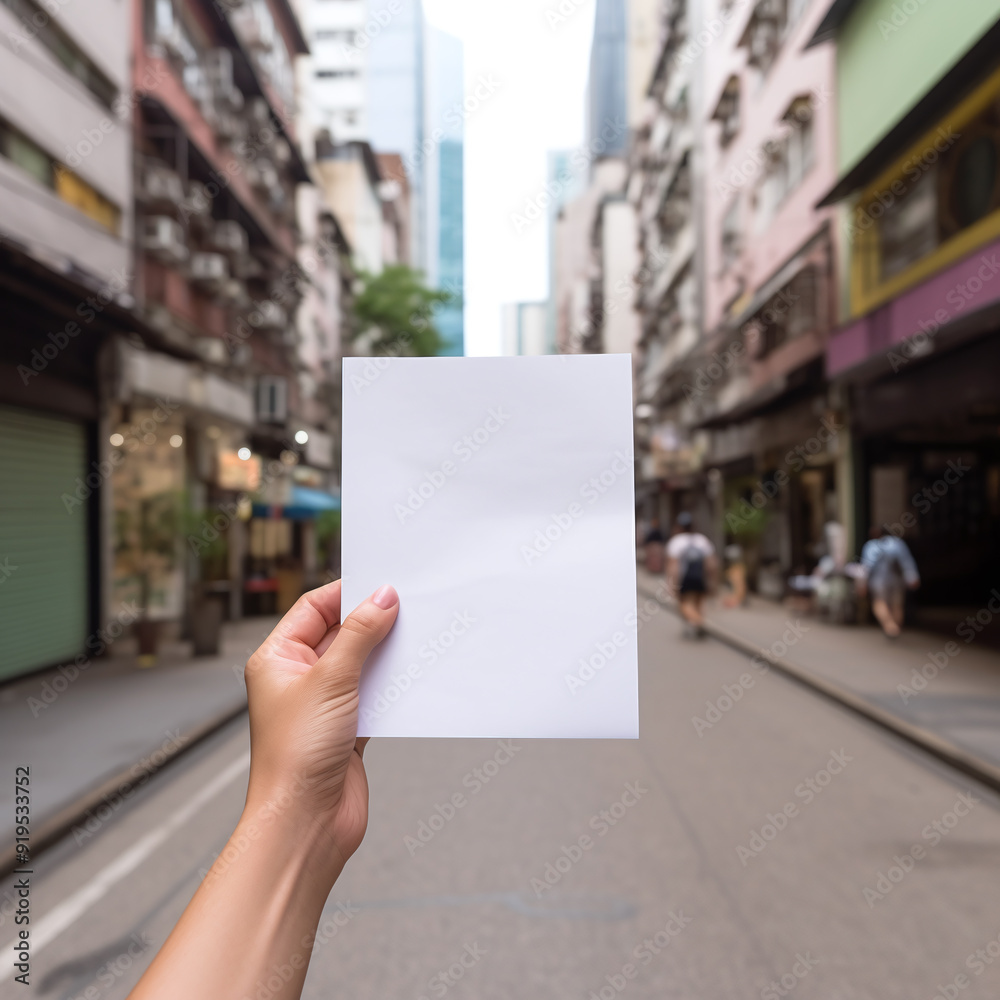 Hand Holding Blank Card with Urban Street Background for City Branding Mockup Hand Holding Blank Card with Urban Street Background for City Branding Mockup