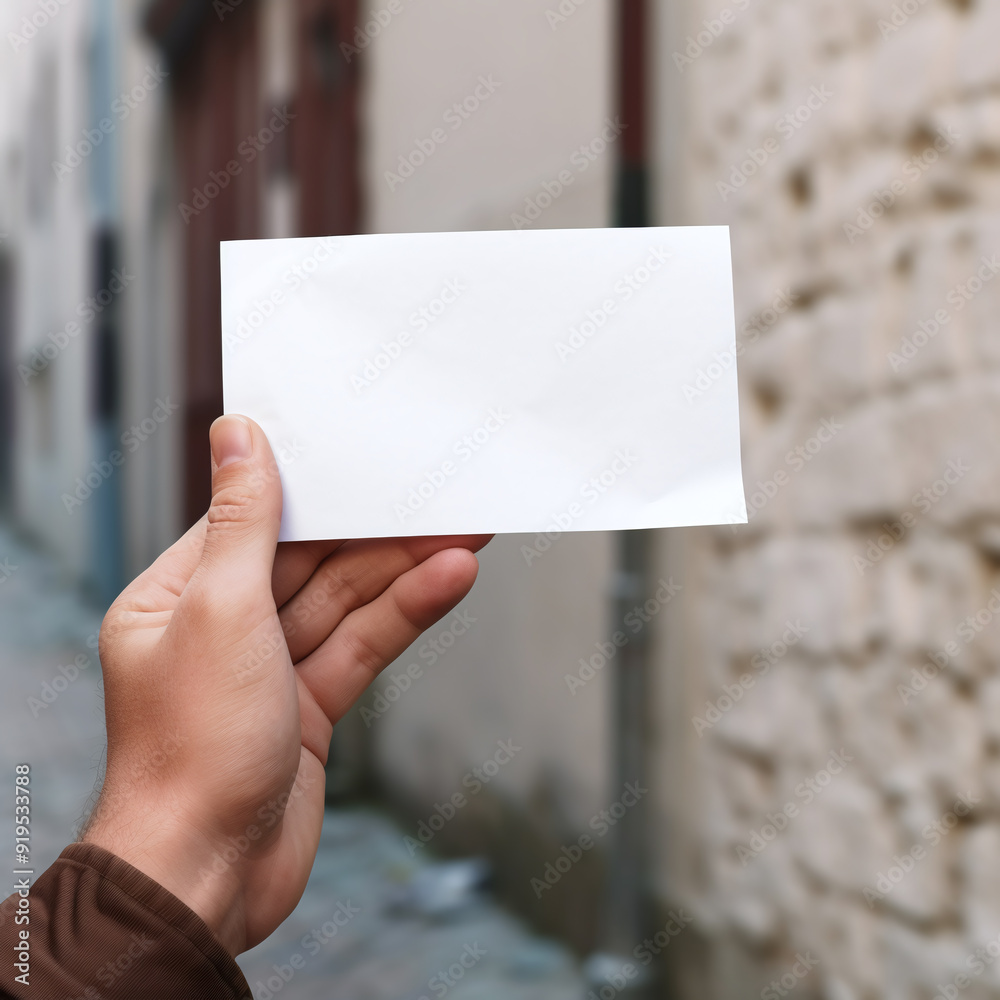 Hand Holding Blank Card with Urban Alley Background Hand Holding Blank Card with Urban Alley Background