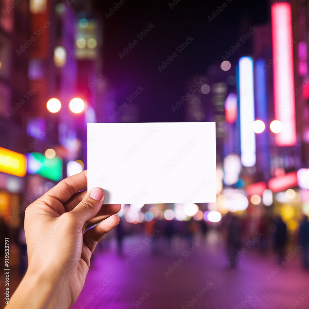 Hand Holding Blank Card with Neon City Night Background Hand Holding Blank Card with Neon City Night Background