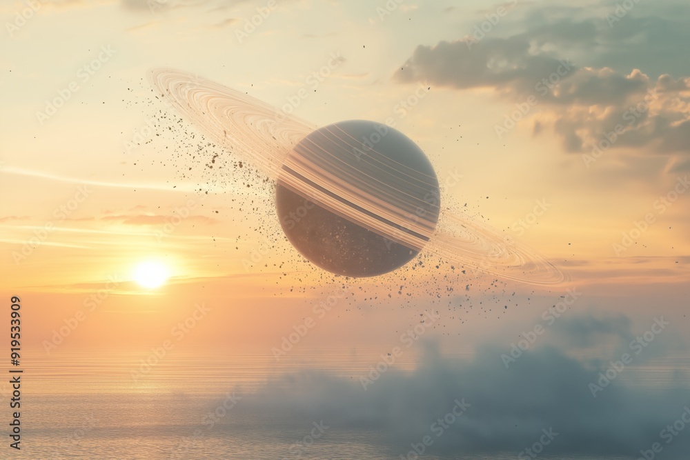Experience the beauty of a cosmic landscape with planetary rings lit by a captivating sunset. A breathtaking and stunning view of majestic ringed planet hovering above calm ocean during vibrant sunset Experience the beauty of a cosmic landscape with planetary rings lit by a captivating sunset. A breathtaking and stunning view of majestic ringed planet hovering above calm ocean during vibrant sunset