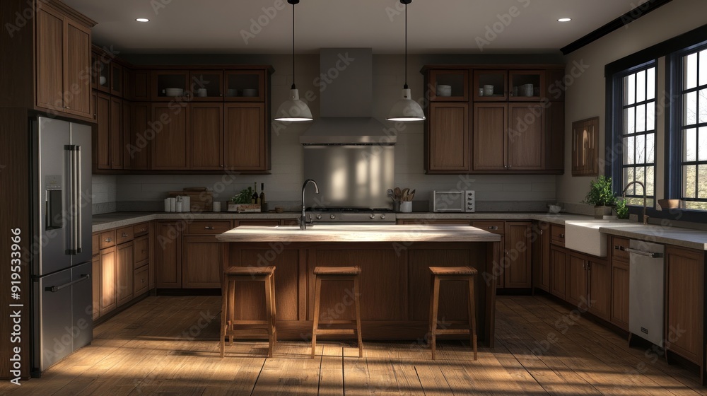 A Modern Kitchen with Wooden Cabinets, Island, and Hardwood Floors A Modern Kitchen with Wooden Cabinets, Island, and Hardwood Floors