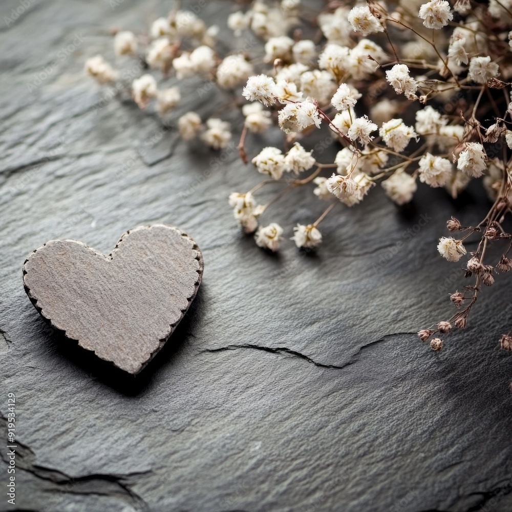 Flowers in the form of a heart displayed on slate.
Flowers in the form of a heart displayed on slate.