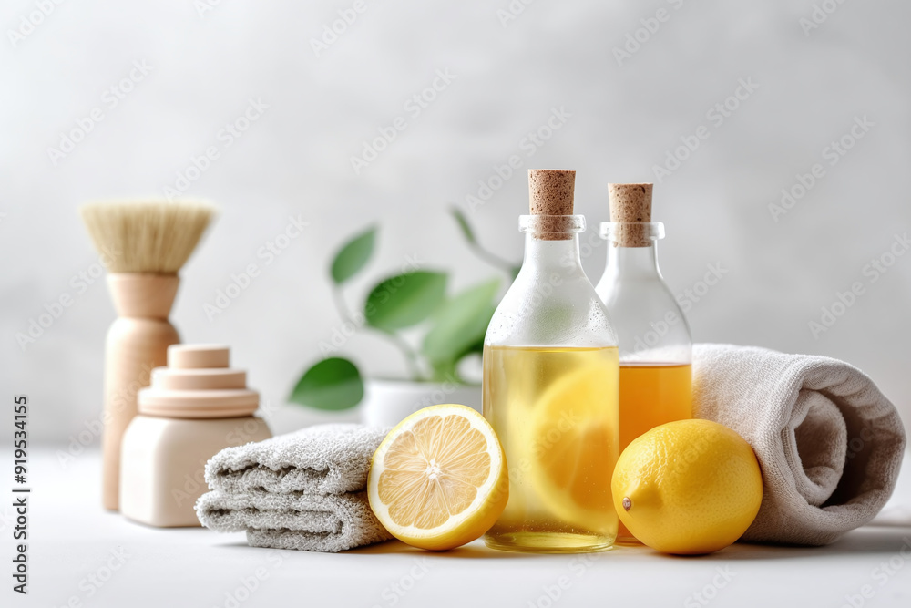 Natural Cleaning Supplies with Lemons, Towels, and Eco-Friendly Bottles