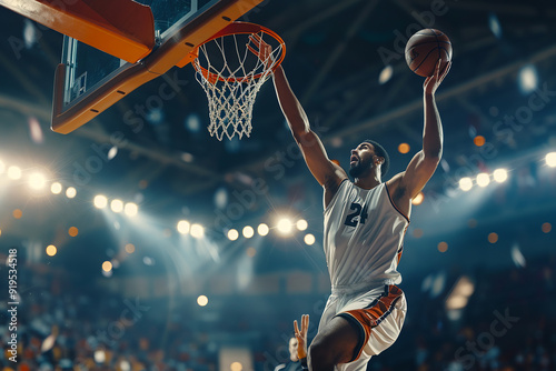 Basketball professional team player running scoring ball over the hoop, basketball player in action, running with the ball on the court
