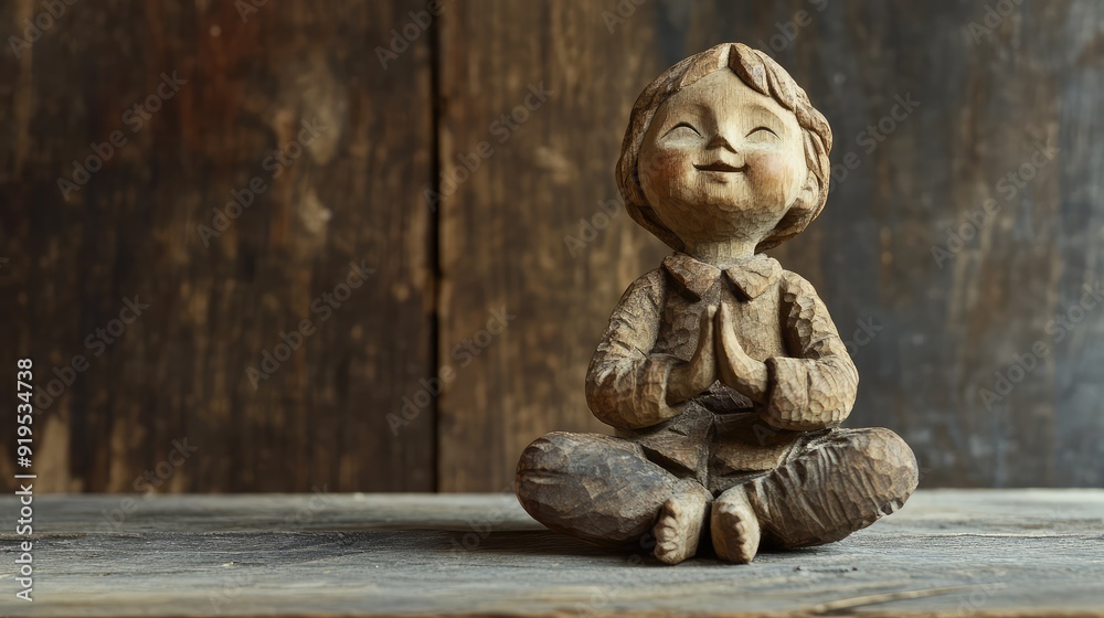 Carved wood doll posed in a sitting position on a vintage wooden table. Carved wood doll posed in a sitting position on a vintage wooden table.