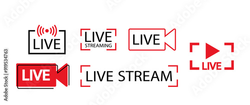 Collection Of Live Streaming And Live Broadcast Icons Include Variations With Text, Video Camera Symbols, Play Buttons