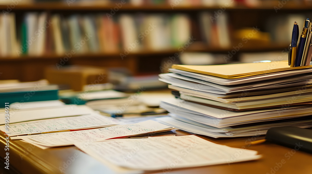 Detailed View of Lender's Desk with Loan Documents spreading,Displaying the Meticulous Process of Evaluating Borrower Qualifications. Detailed View of Lender's Desk with Loan Documents spreading,Displaying the Meticulous Process of Evaluating Borrower Qualifications.