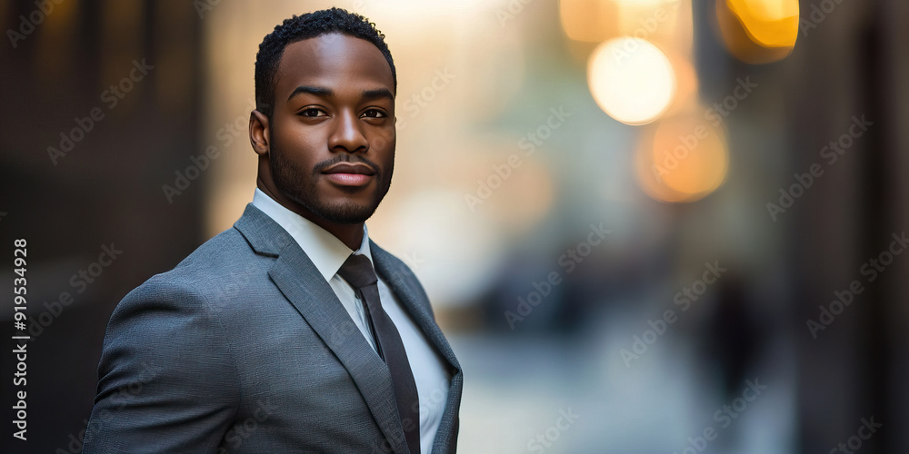 Fototapeta premium African American Man in Suit, Confidently Standing on City Street