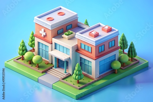 Hospital building with ambulance emergency car and helicopter on cityscape background. Vector illustration
 photo