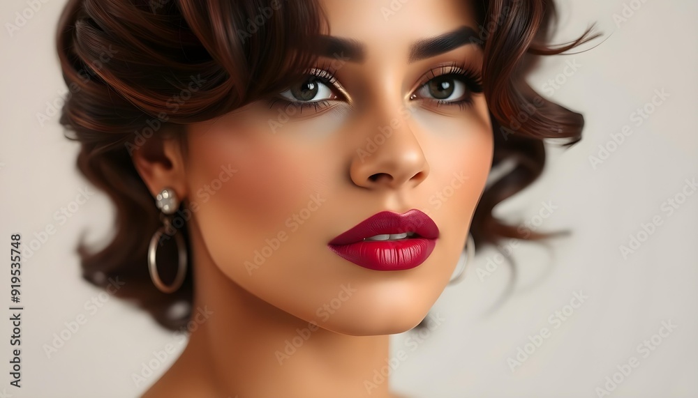 Elegant Beauty - Woman with Voluminous Hair and Bold Maroon Makeup Elegant Beauty - Woman with Voluminous Hair and Bold Maroon Makeup