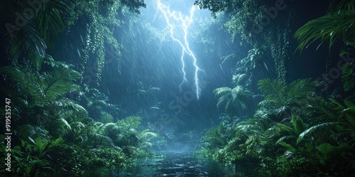 Fototapeta Naklejka Na Ścianę i Meble -  Tropical Rainforest at Night with Lightning and Rain