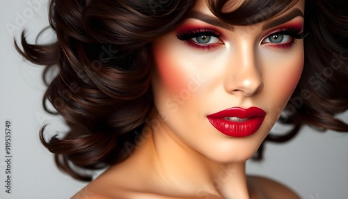 Elegant Beauty - Woman with Voluminous Hair and Bold Maroon Makeup