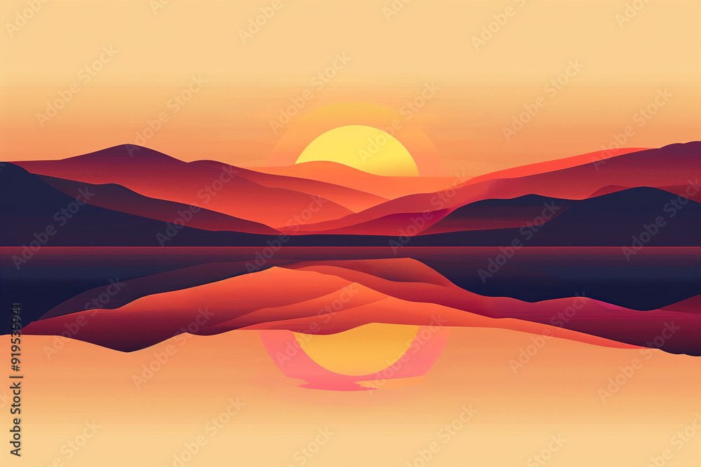 Minimalist background of sunset landscape, golden triangular, flat mirrors, hills and reflection. Minimalist background of sunset landscape, golden triangular, flat mirrors, hills and reflection.