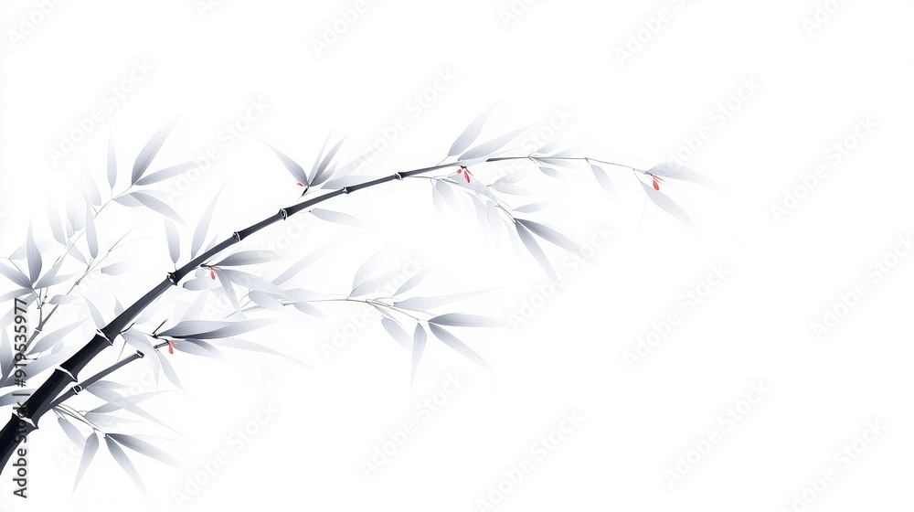 Fototapeta premium Elegant Chinese ink brush painting of bamboo stalks, showcasing graceful lines and subtle details, set against a pristine white background for striking contrast and simplicity.