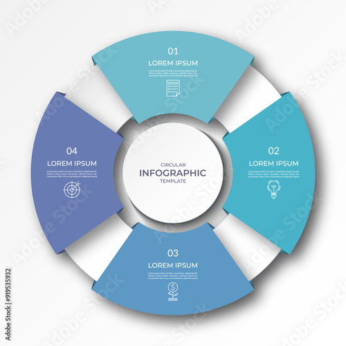 Infographic circular diagram with 4 options, parts. Four-step process chart with colorful segments, applicable for data visualization, presentation, business infographics.