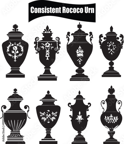Consistent Rococo Urn Artistic Silhouette Elements in Black