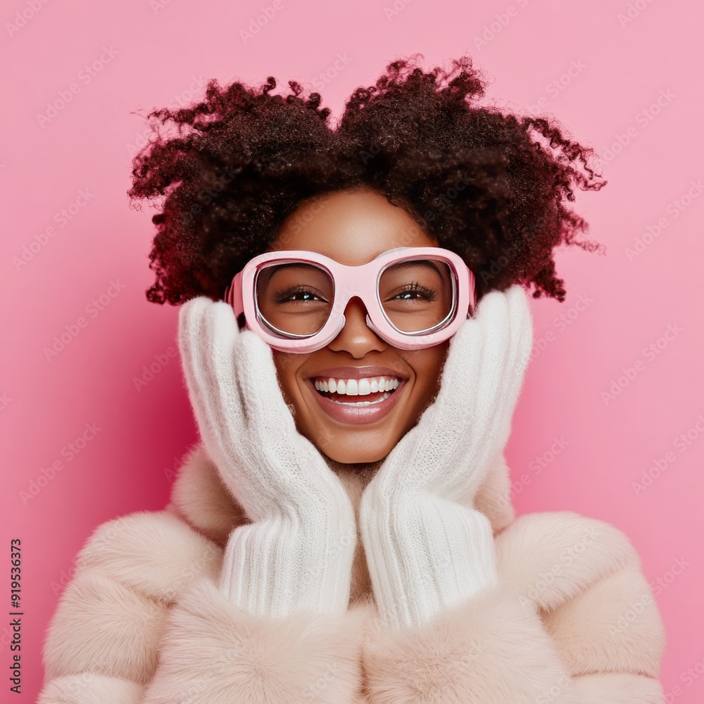 Pink-backgrounded winter delight for Afro-sporting woman. Pink-backgrounded winter delight for Afro-sporting woman.