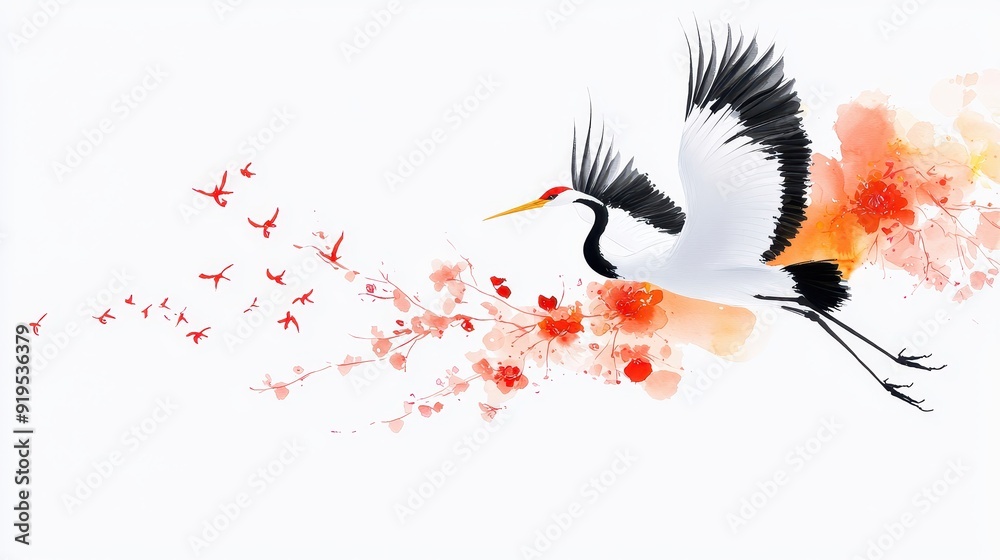 Elegant ink brush depiction of a crane soaring gracefully, showcasing fluid lines and traditional techniques, set against a pristine white canvas for striking contrast. Elegant ink brush depiction of a crane soaring gracefully, showcasing fluid lines and traditional techniques, set against a pristine white canvas for striking contrast.