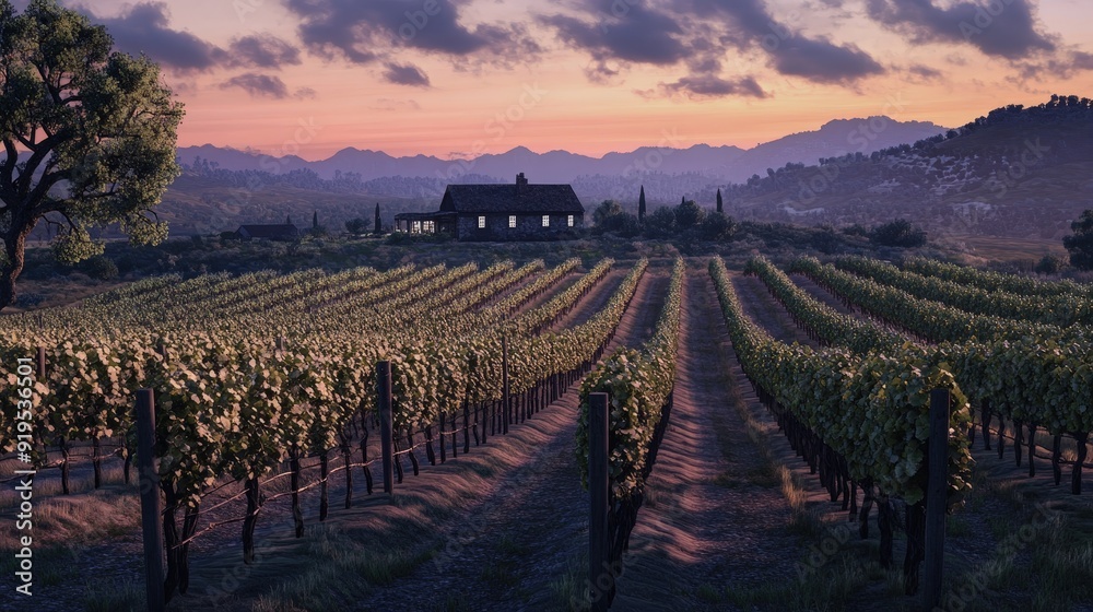 Fototapeta premium Expansive Vineyard at Dusk with Rows of Grapevines and Rustic Farmhouse in the Golden Glow of Sunset - Serene Countryside Landscape