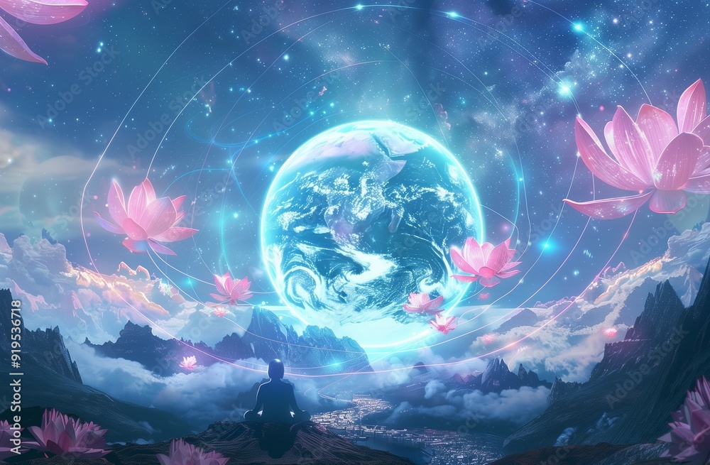 Obraz premium A glowing earth with lotus flowers floating in the sky, mountains and rivers below.